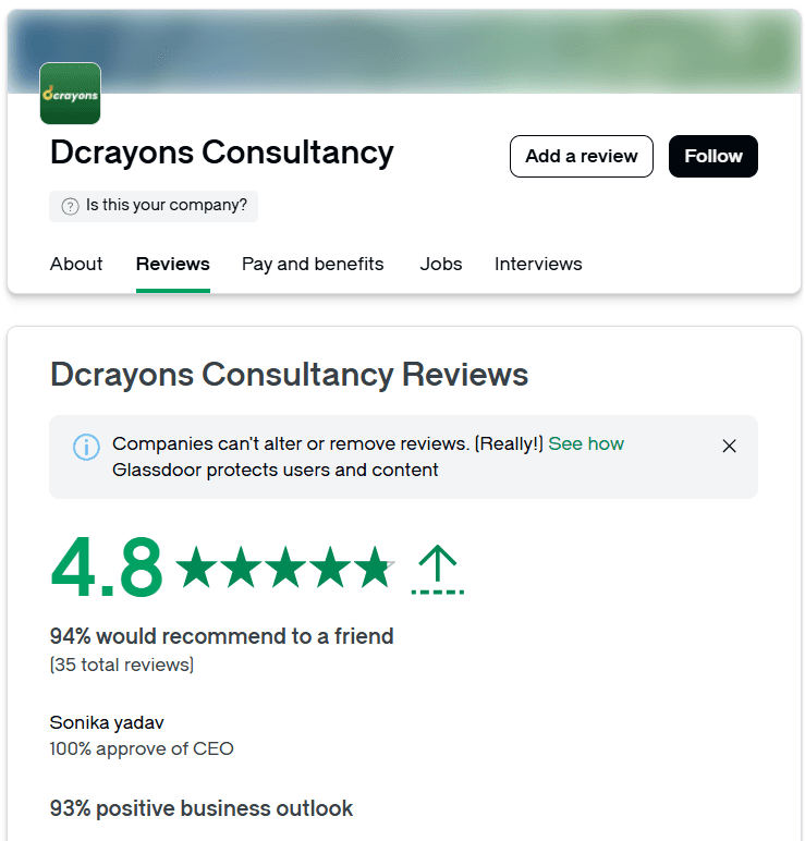 Dcrayon on Glassdoor -- 4.8 stars, 94% would recommend
